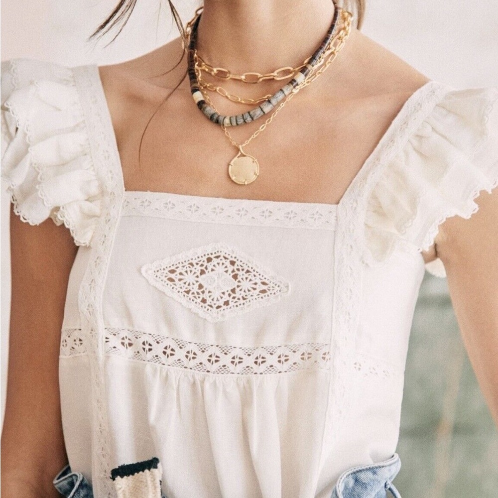Sezane Cream Eyelet Square-Neck Ruffle Sleeve Top - Picture 2 of 7